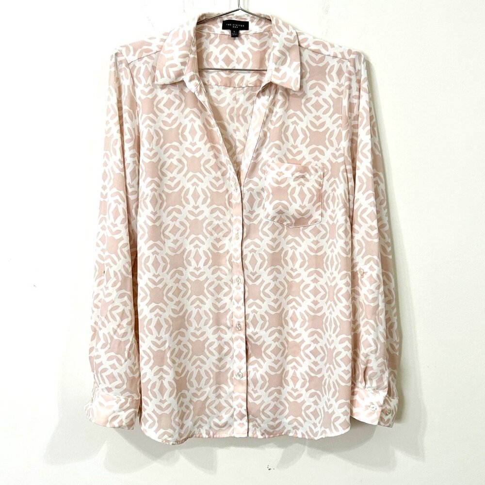 THE LIMITED LS Blouse Geometric Pink White Roll Tab Tunic Top Collared Sz L